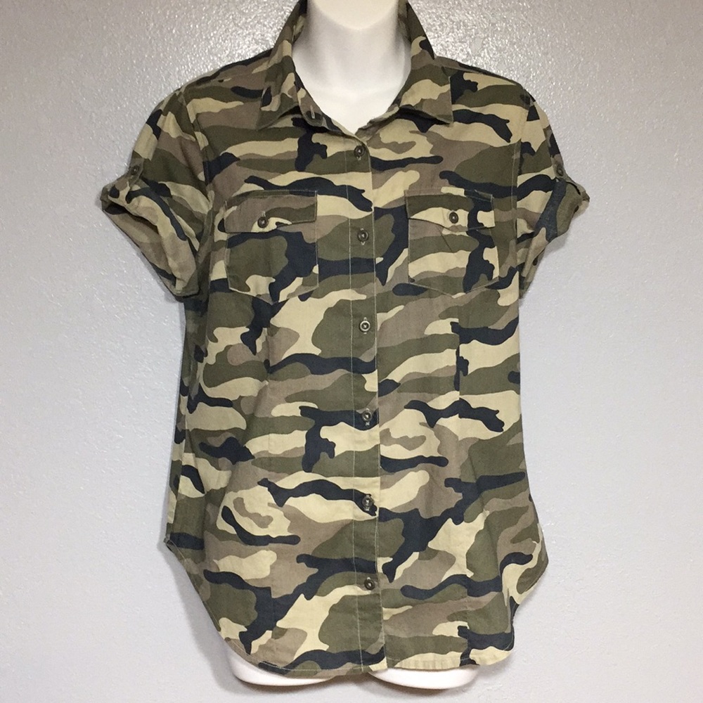 Women’s camouflage button down shirt.